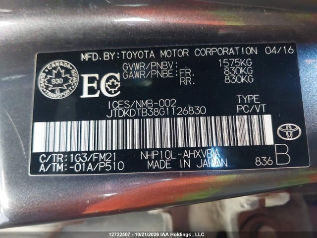 Продаж на аукціоні авто 2016 Toyota Prius C Technology, vin: JTDKDTB38G1126830, номер лоту: 12722507