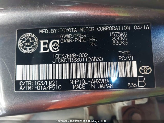 Продаж на аукціоні авто 2016 Toyota Prius C Technology, vin: JTDKDTB38G1126830, номер лоту: 12722507