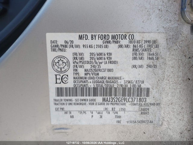 12719732 :رقم المزاد ، MAJ3S2GE9LC371803 vin ، 2020 Ford Ecosport Se مزاد بيع