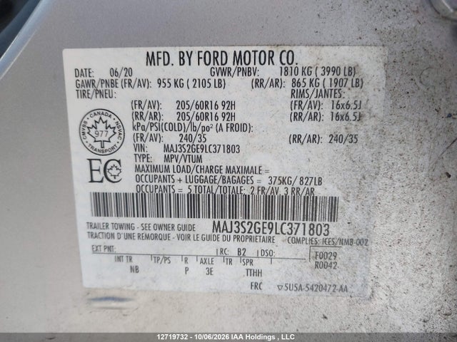 12719732 :رقم المزاد ، MAJ3S2GE9LC371803 vin ، 2020 Ford Ecosport Se مزاد بيع