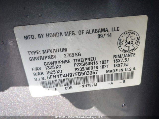Продажа на аукционе авто 2015 Honda Pilot Touring, vin: 5FNYF4H97FB503367, номер лота: 12720395