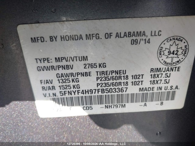 Продажа на аукционе авто 2015 Honda Pilot Touring, vin: 5FNYF4H97FB503367, номер лота: 12720395