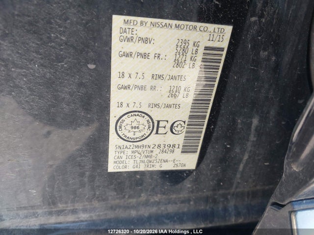 2015 Nissan Murano Platinum/sl/sv მანქანა იყიდება აუქციონზე, vin: 5N1AZ2MH9FN283981, აუქციონის ნომერი: 12726320