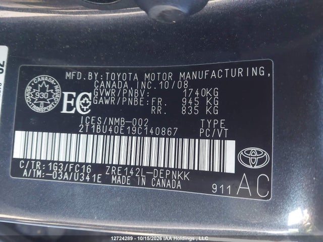 Aukcja sprzedaży 2009 Toyota Corolla Le, vin: 2T1BU40E19C140867, numer aukcji: 12724289