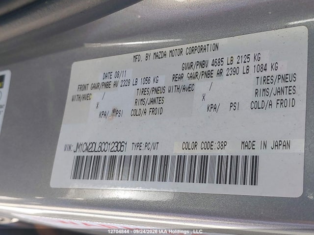 12704844 :رقم المزاد ، JM1CW2DL8C0123061 vin ، 2012 Mazda 5 مزاد بيع