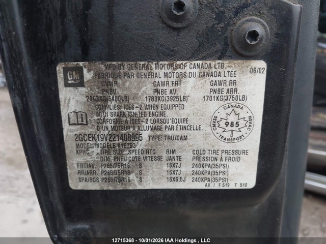 12715368 :رقم المزاد ، 2GCEK19V221408995 vin ، 2002 Chevrolet Silverado K1500 مزاد بيع