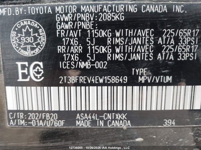 2T3BFREV4EW158649 Toyota RAV4 LE