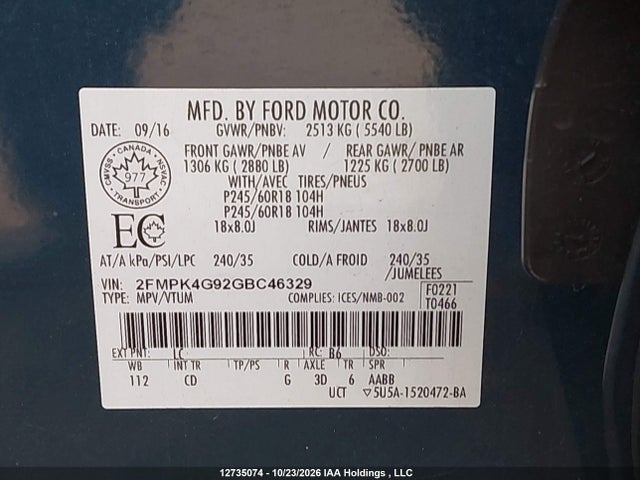Ford EDGE SE 2016 2FMPK4G92GBC46329 Image 9