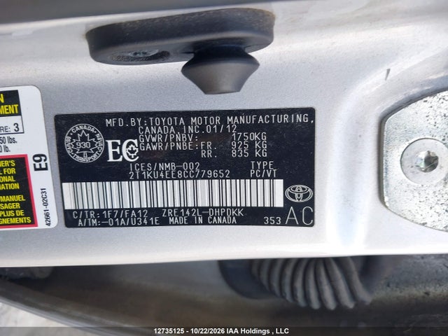 12735125 :رقم المزاد ، 2T1KU4EE8CC779652 vin ، 2012 Toyota Matrix مزاد بيع