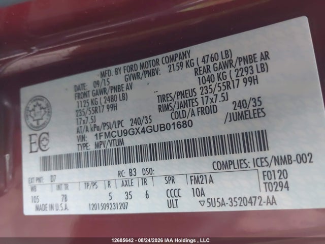 Auction sale of the 2016 Ford Escape Se, vin: 1FMCU9GX4GUB01680, lot number: 12685642