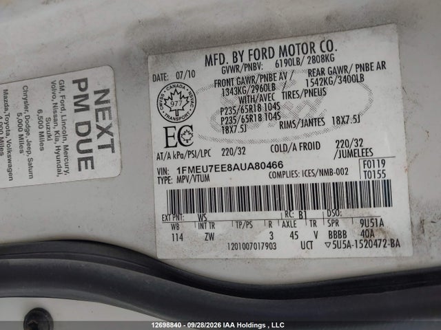 Aukcja sprzedaży 2010 Ford Explorer Eddie Bauer, vin: 1FMEU7EE8AUA80466, numer aukcji: 12698840