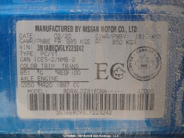 Продаж на аукціоні авто 2020 Nissan Sentra Sv, vin: 3N1AB8CV6LY223242, номер лоту: 12700884