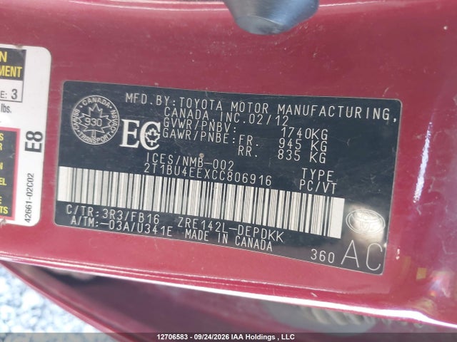 12706583 :رقم المزاد ، 2T1BU4EEXCC806916 vin ، 2012 Toyota Corolla Ce مزاد بيع