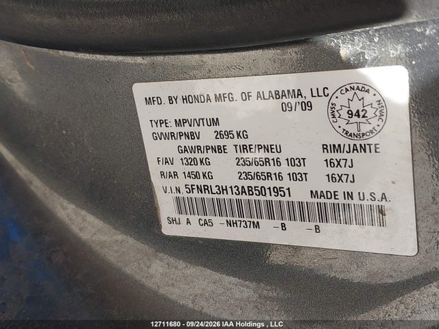 2010 Honda Odyssey Dx მანქანა იყიდება აუქციონზე, vin: 5FNRL3H13AB501951, აუქციონის ნომერი: 12711680