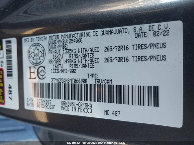 Продажа на аукционе авто 2022 Toyota Tacoma, vin: 3TYSZ5AN8NT066908, номер лота: 12719432