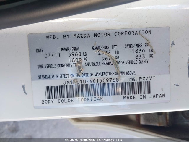 12720275 :رقم المزاد ، JM1BL1UF4C1509768 vin ، 2012 Mazda Mazda3 Gx مزاد بيع