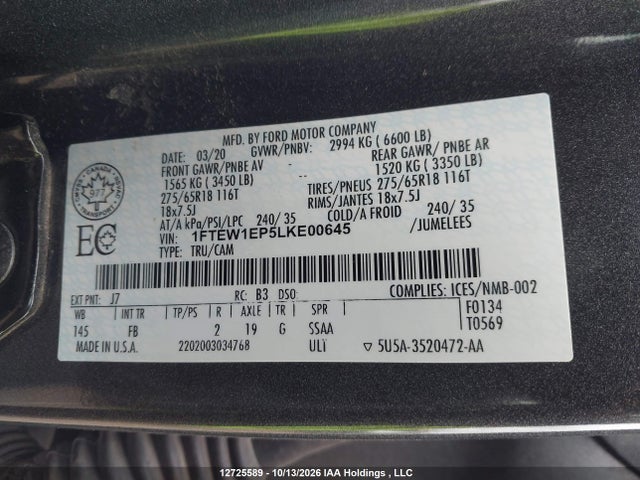 Ford F-150 Xlt 2020 1FTEW1EP5LKE00645 Image 9