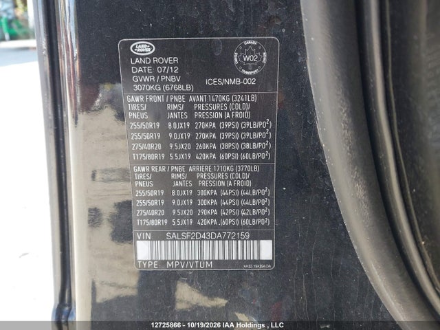 Aukcja sprzedaży 2013 Land Rover Range Rover Sport Hse, vin: SALSF2D43DA772159, numer aukcji: 12725866