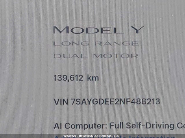 Tesla Model Y 2022 7SAYGDEE2NF488213 Image 15