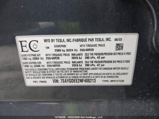 Tesla Model Y 2022 7SAYGDEE2NF488213 Image 20
