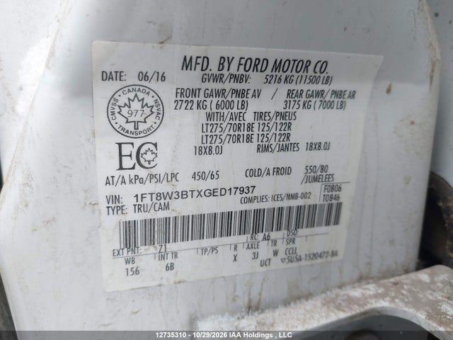 12735310 :رقم المزاد ، 1FT8W3BTXGED17937 vin ، 2016 Ford F-350 Lariat مزاد بيع