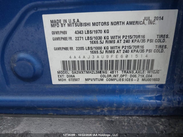 12735399 :رقم المزاد ، 4A4AJ3AU9FE601514 vin ، 2015 Mitsubishi Rvr Se مزاد بيع