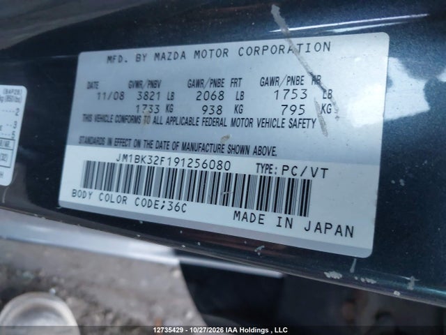 Продажа на аукционе авто 2009 Mazda Mazda3 Gs/gx, vin: JM1BK32F191256080, номер лота: 12735429