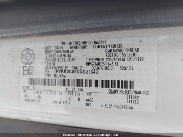 Продаж на аукціоні авто 2024 Ford Transit T-250, vin: 1FTBR2C88RKB23543, номер лоту: 12735535