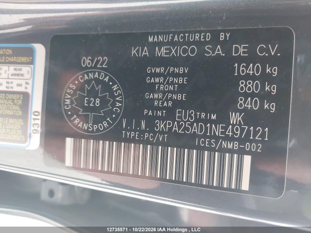 12735571 :رقم المزاد ، 3KPA25AD1NE497121 vin ، 2022 Kia Rio S مزاد بيع