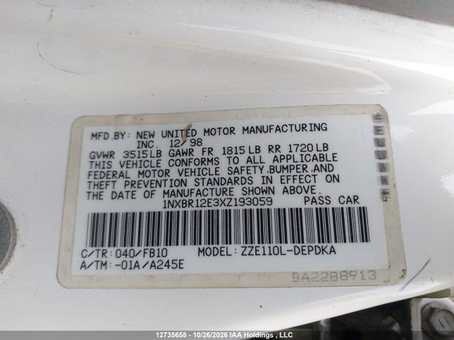 Aukcja sprzedaży 1999 Toyota Corolla Ce, vin: 1NXBR12E3XZ193059, numer aukcji: 12735658