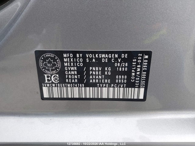 12735692 :رقم المزاد ، 3VWCW7BUXTM074769 vin ، 2026 Volkswagen Jetta Trendline مزاد بيع