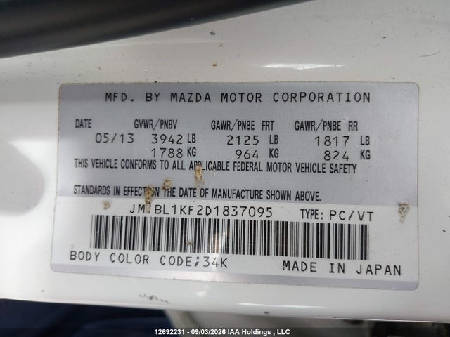 Aukcja sprzedaży 2013 Mazda Mazda3 Gx, vin: JM1BL1KF2D1837095, numer aukcji: 12692231