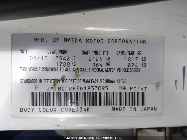 Aukcja sprzedaży 2013 Mazda Mazda3 Gx, vin: JM1BL1KF2D1837095, numer aukcji: 12692231