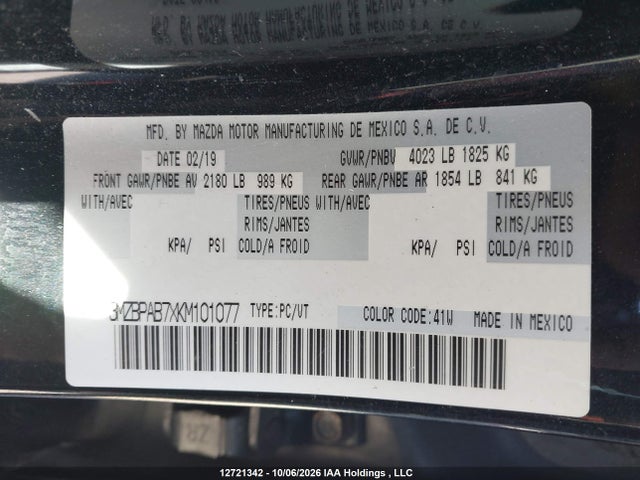 12721342 :رقم المزاد ، 3MZBPAB7XKM101077 vin ، 2019 Mazda Mazda3 Gx مزاد بيع