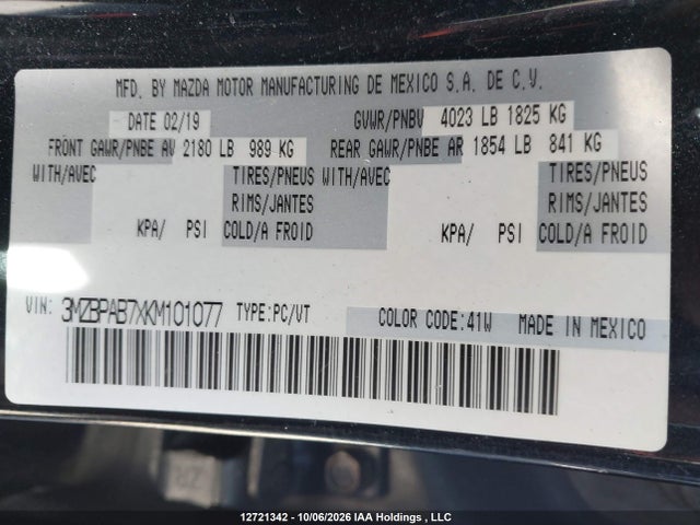 12721342 :رقم المزاد ، 3MZBPAB7XKM101077 vin ، 2019 Mazda Mazda3 Gx مزاد بيع