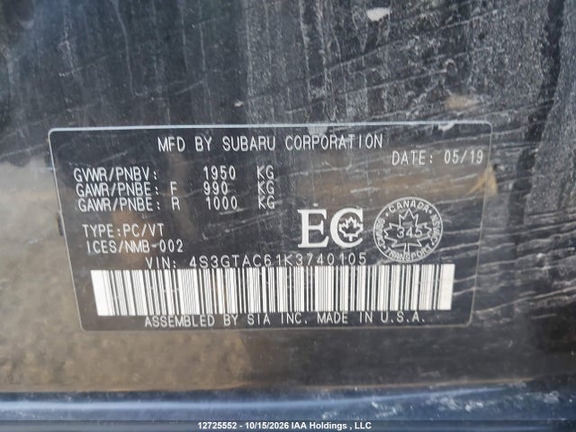 12725552 :رقم المزاد ، 4S3GTAC61K3740105 vin ، 2019 Subaru Impreza Sport/touring مزاد بيع
