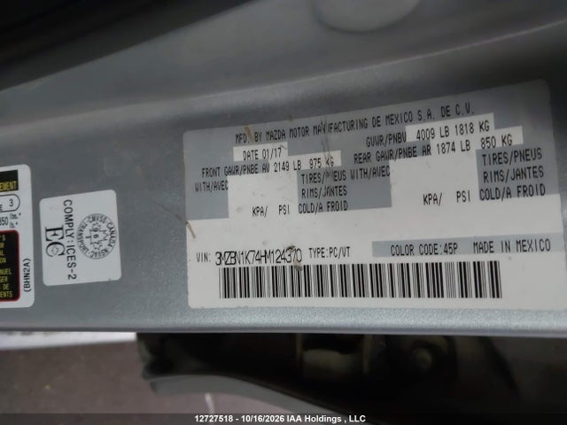 12727518 :رقم المزاد ، 3MZBN1K74HM124370 vin ، 2017 Mazda Mazda3 Gx مزاد بيع