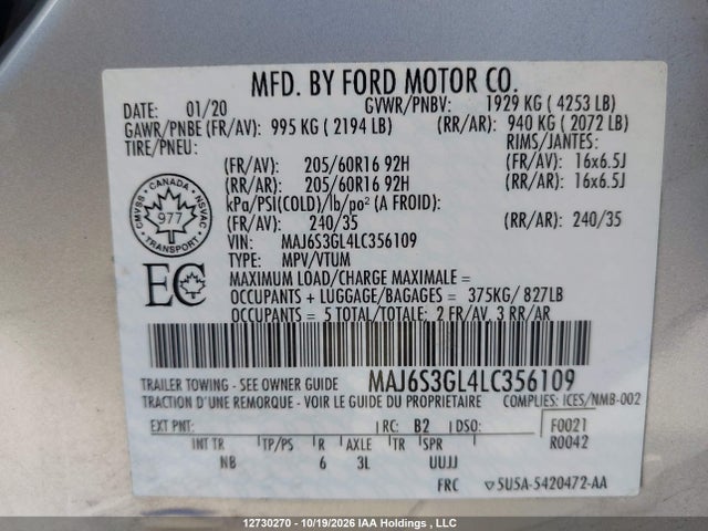 MAJ6S3GL4LC356109 Ford Ecosport Se