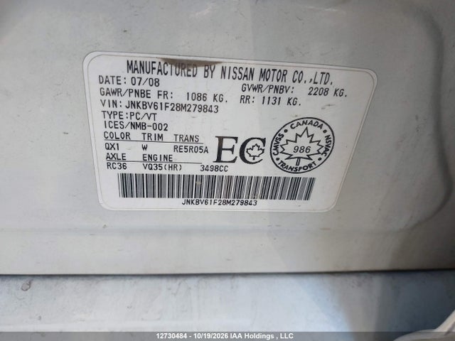 Aukcja sprzedaży 2008 Infiniti G35x, vin: JNKBV61F28M279843, numer aukcji: 12730484