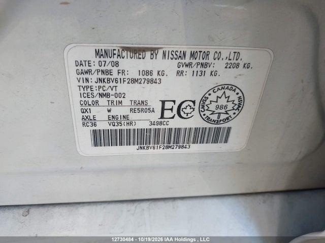 Aukcja sprzedaży 2008 Infiniti G35x, vin: JNKBV61F28M279843, numer aukcji: 12730484