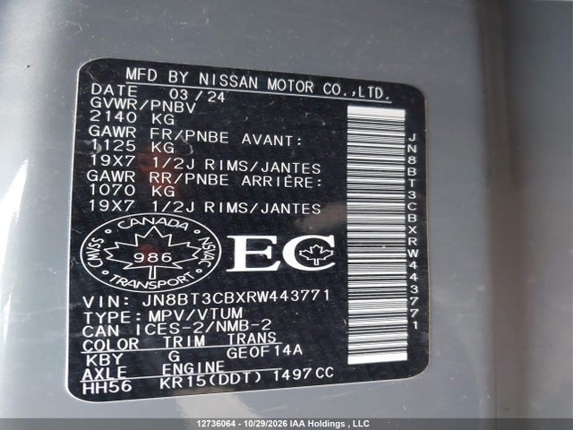 Aukcja sprzedaży 2024 Nissan Rogue Sl, vin: JN8BT3CBXRW443771, numer aukcji: 12736064