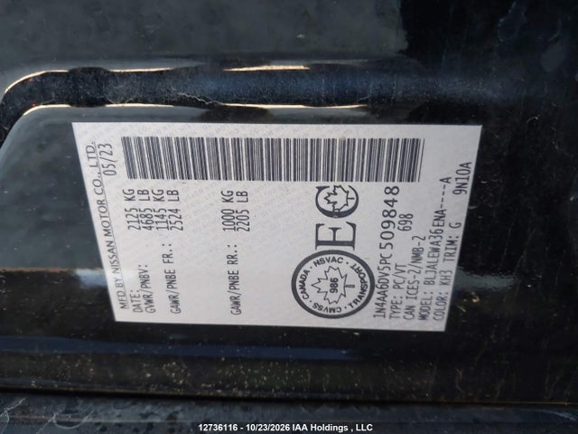 12736116 :رقم المزاد ، 1N4AA6DV5PC509848 vin ، 2023 Nissan Maxima Sl مزاد بيع