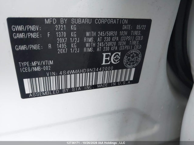 2022 Subaru Ascent მანქანა იყიდება აუქციონზე, vin: 4S4WMAHD9N3442000, აუქციონის ნომერი: 12736171