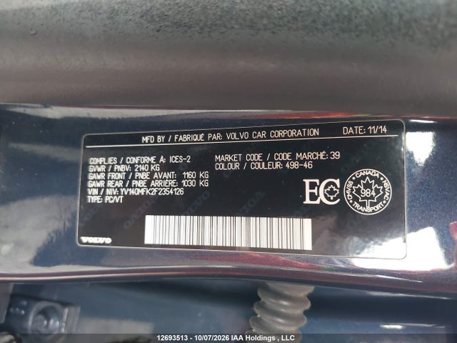 12693513 :رقم المزاد ، YV140MFK2F2354126 vin ، 2015 Volvo S60 T5 Premier مزاد بيع