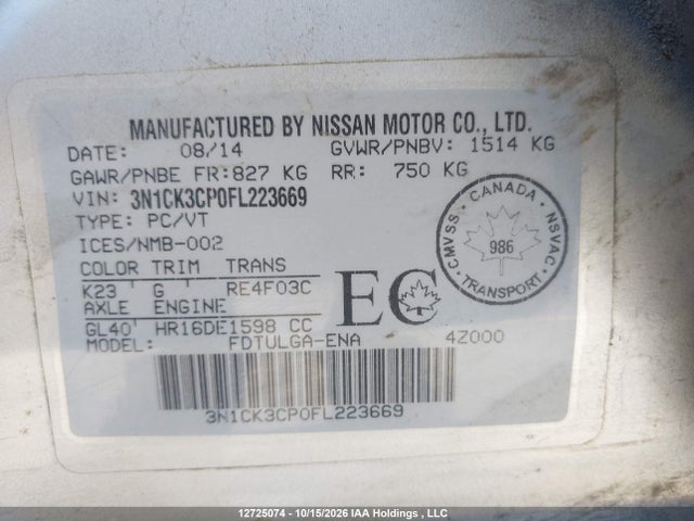 3N1CK3CP0FL223669 Nissan Micra S/sr/sv