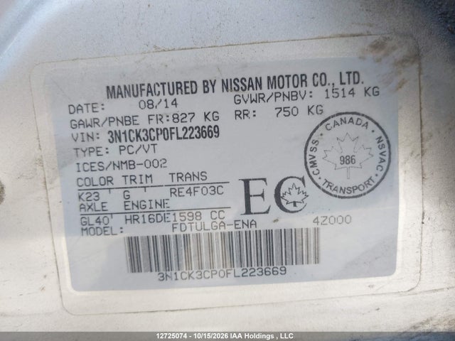 3N1CK3CP0FL223669 Nissan Micra S/sr/sv
