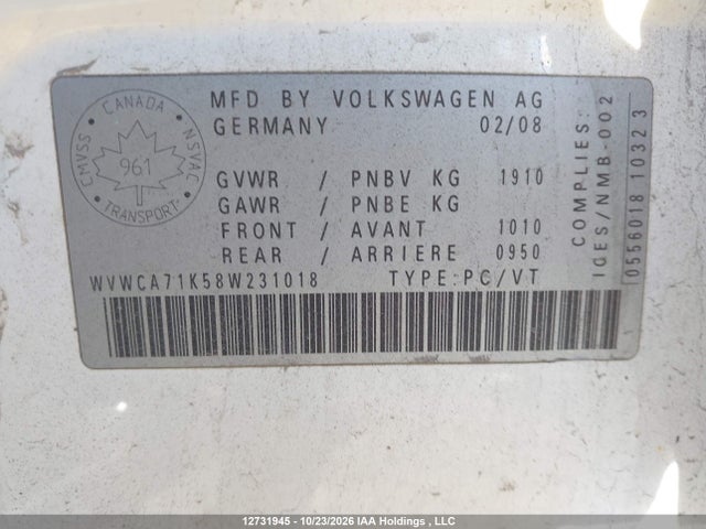 2008 Volkswagen Rabbit 5-door Trendline მანქანა იყიდება აუქციონზე, vin: WVWCA71K58W231018, აუქციონის ნომერი: 12731945