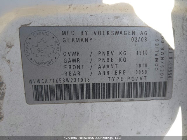 2008 Volkswagen Rabbit 5-door Trendline მანქანა იყიდება აუქციონზე, vin: WVWCA71K58W231018, აუქციონის ნომერი: 12731945