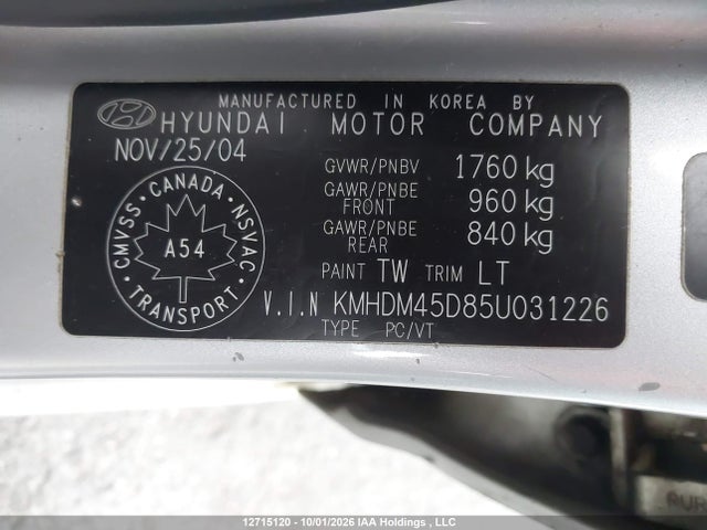 12715120 :رقم المزاد ، KMHDM45D85U031226 vin ، 2005 Hyundai Elantra Gl/ve مزاد بيع