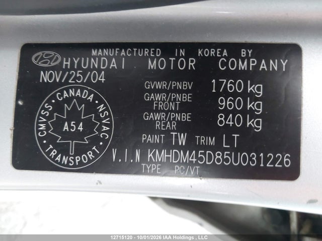 12715120 :رقم المزاد ، KMHDM45D85U031226 vin ، 2005 Hyundai Elantra Gl/ve مزاد بيع